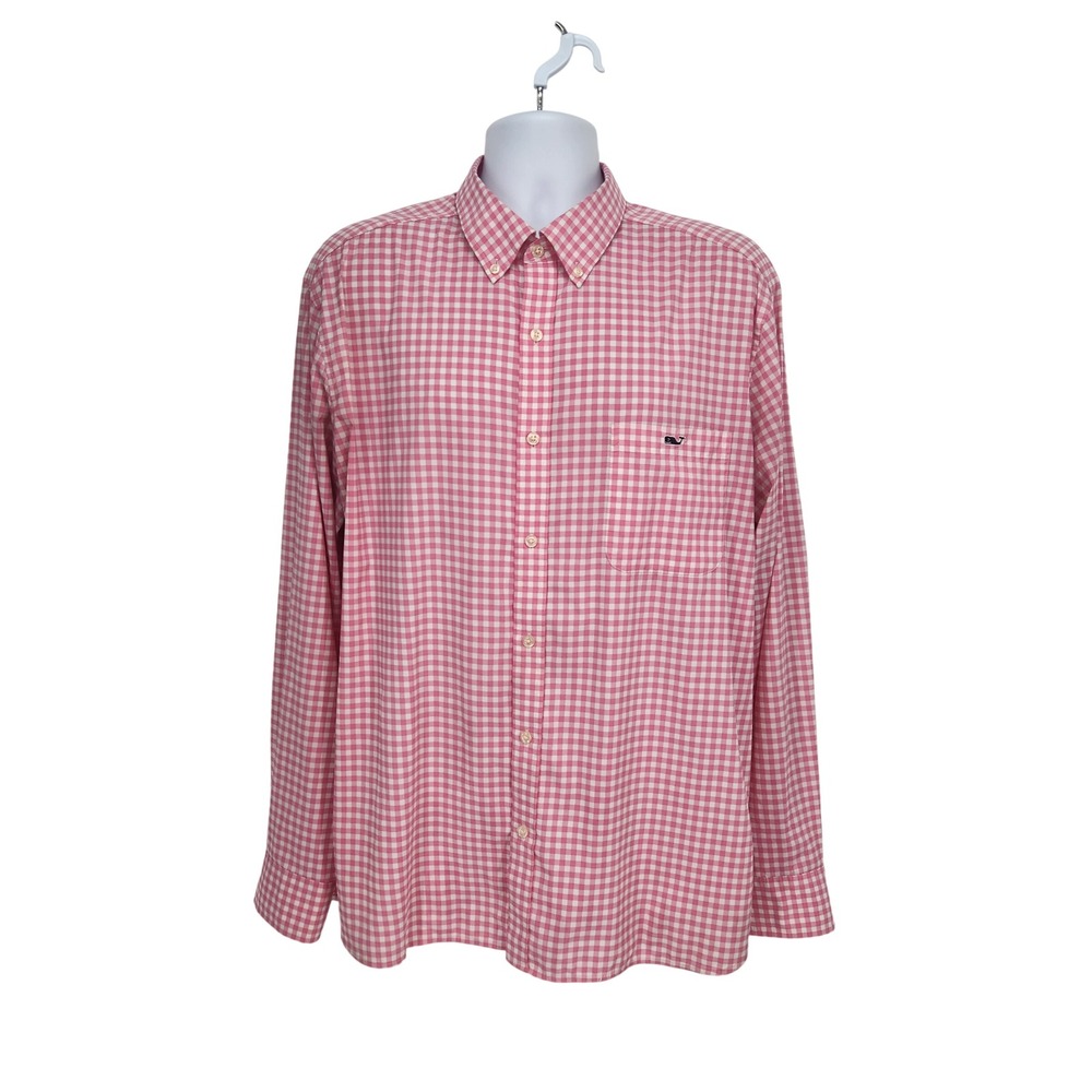 Vineyard Vines On-The-Go Performance Pink Gingham Wicking Shirt Men's XL